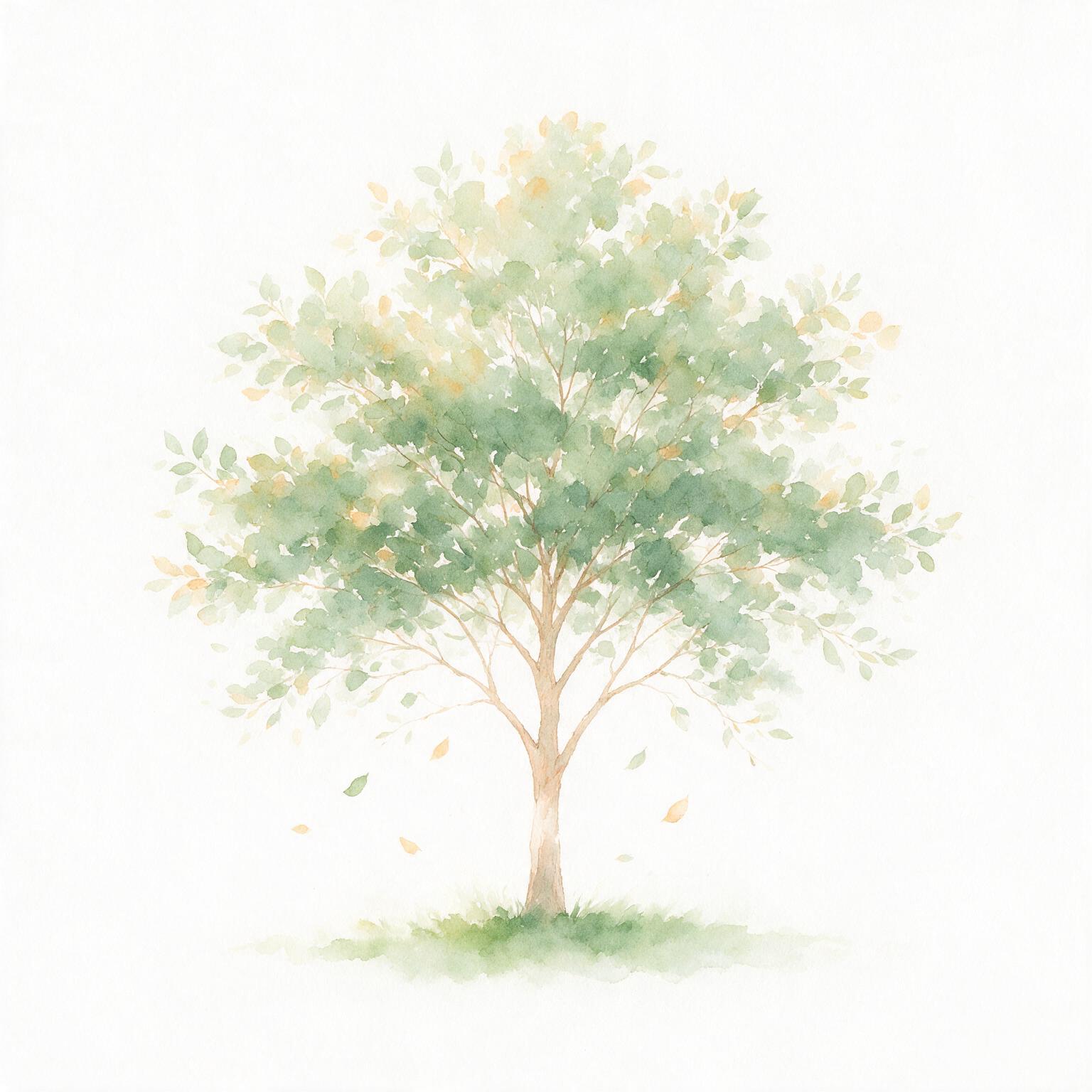 Soft watercolour painting of a broad tree with sage green leaves and a few leaves drifting down