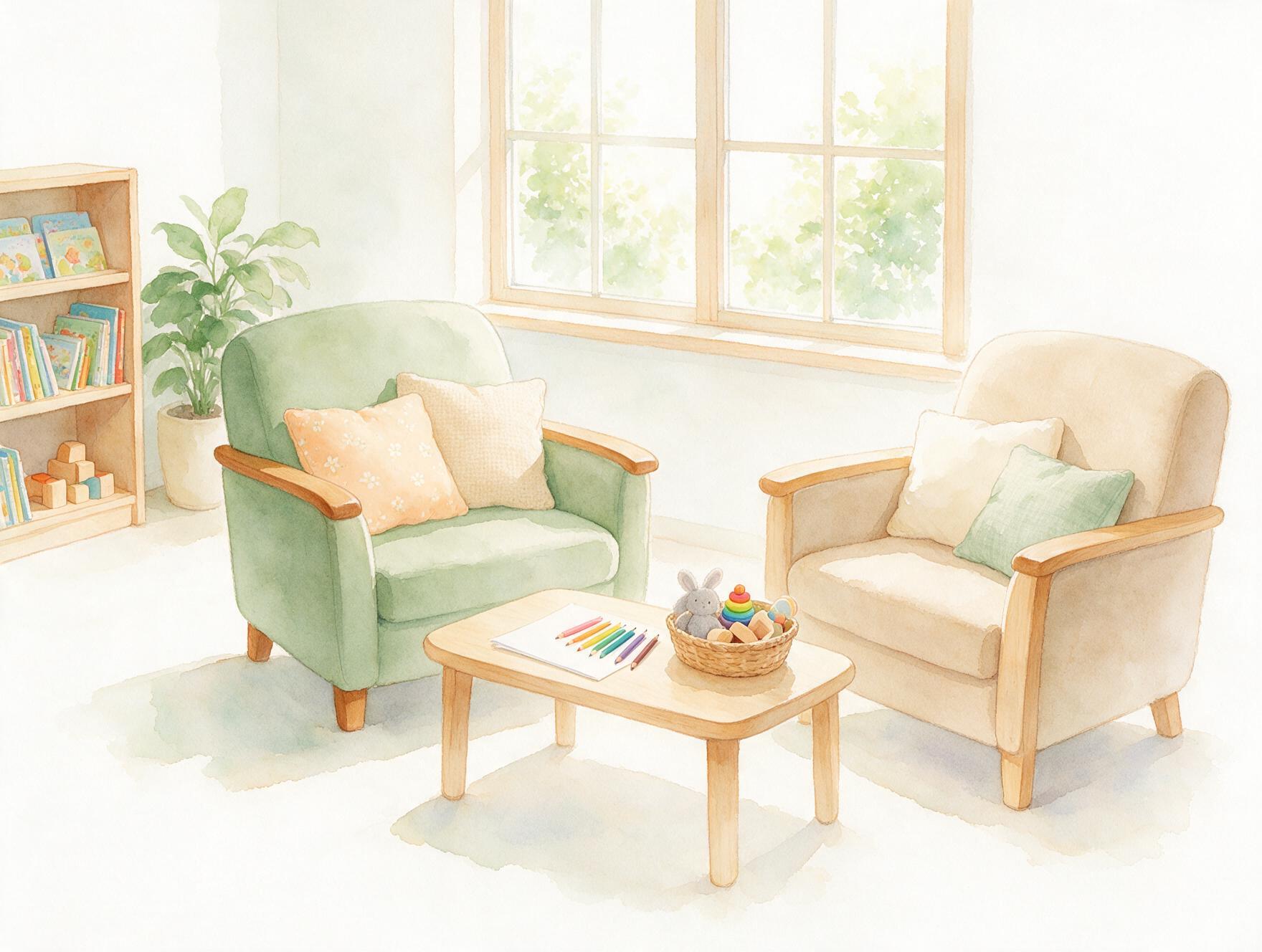 Watercolour painting of a calm therapy room with a sage green armchair, an oatmeal armchair, a low table with pencils and paper, a basket of toys and a sunlit window